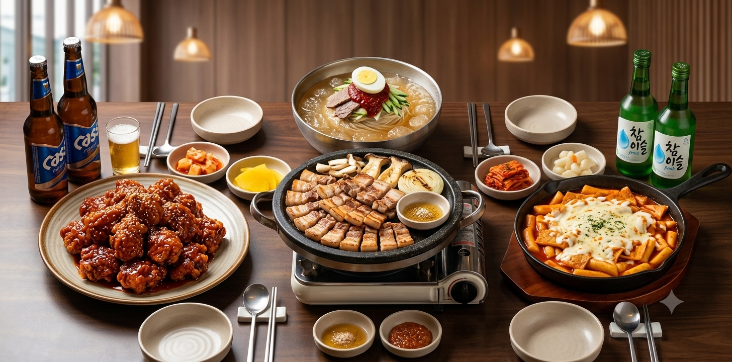 Korean lunch spread with grilled pork, noodles and side dishes